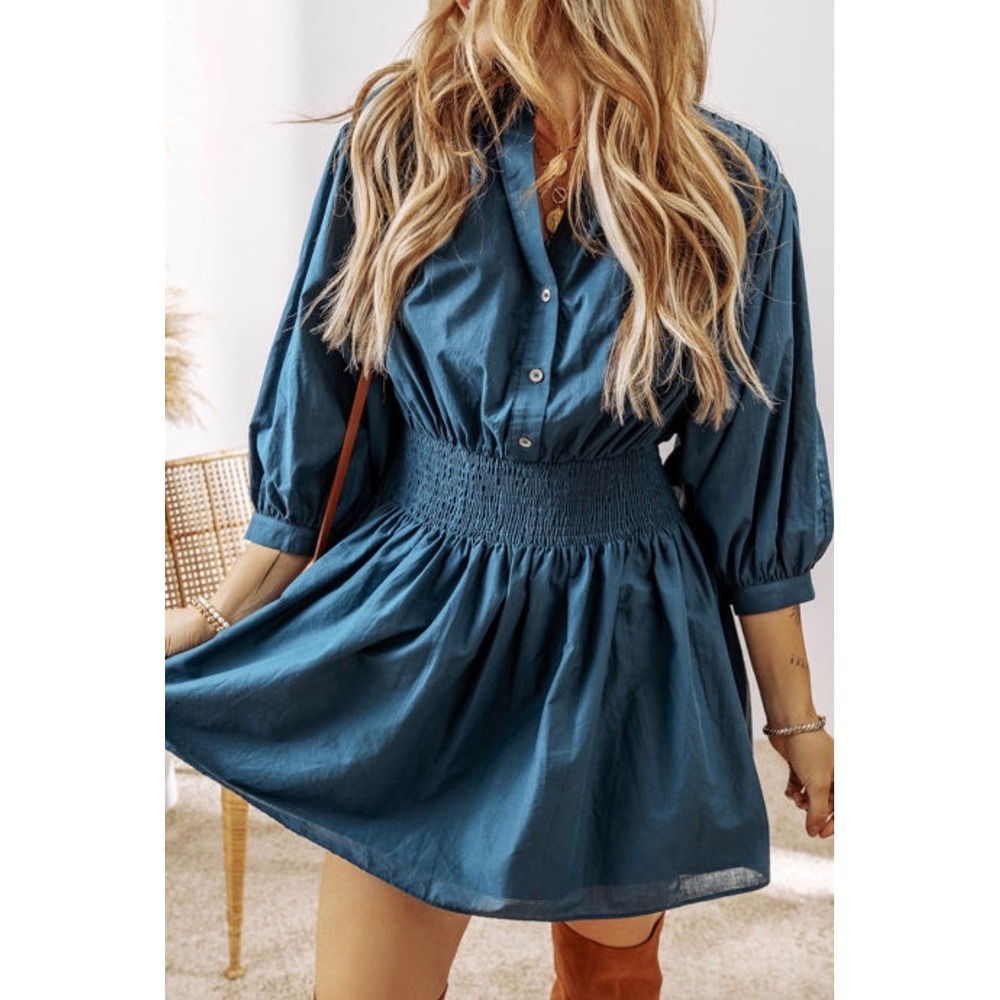 Pinch Women Blue Cotton Smocked Waist Puff Sleeve Mini Dress Size Small - Picture 1 of 8